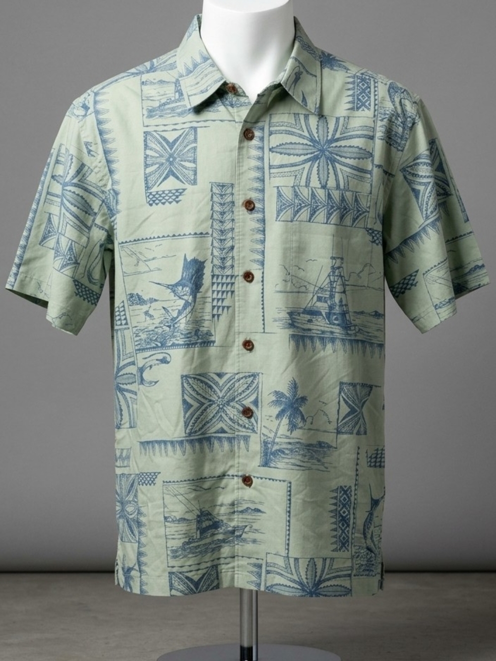 980 Quiksilver Bill Fish Marlin Boat Hawaiian Shirt Sage Green Lyocell Size M